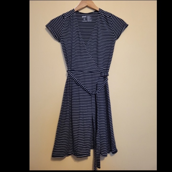 Pact Organic Cotton Wrap Dress Tulip Navy Stripes - Picture 5 of 8